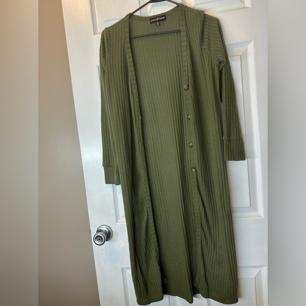 Almost Famous Olive Green Long Sleeve Cardigan Dress